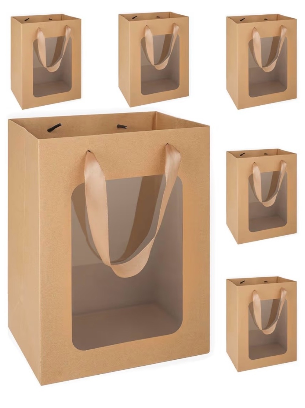 Window Gift Bag with Satin Handles - Tan